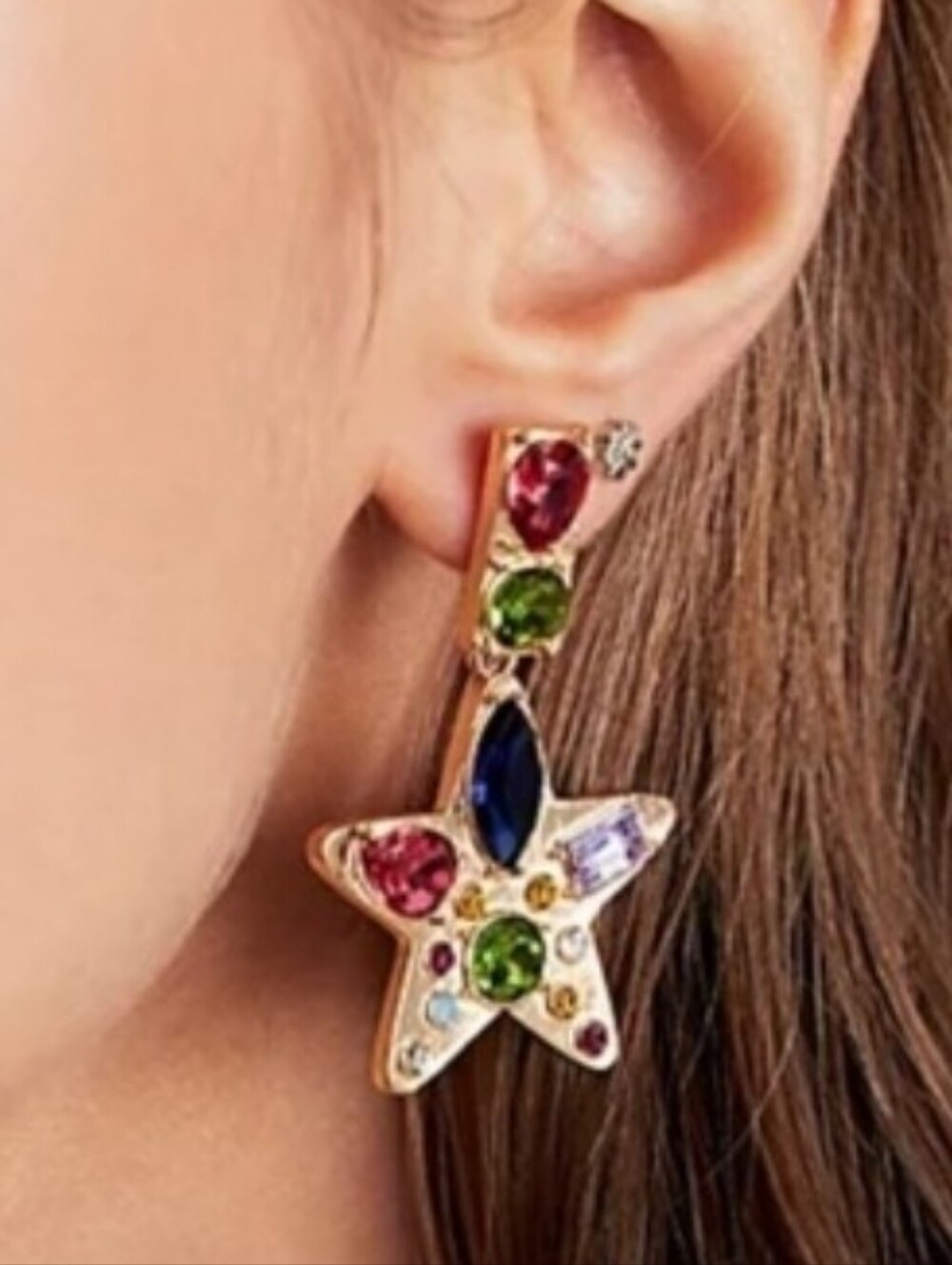 FREE PEOPLE NancyAnn Gold-Tone Multicolor Rhinestones Star Drop Earrings - NEW